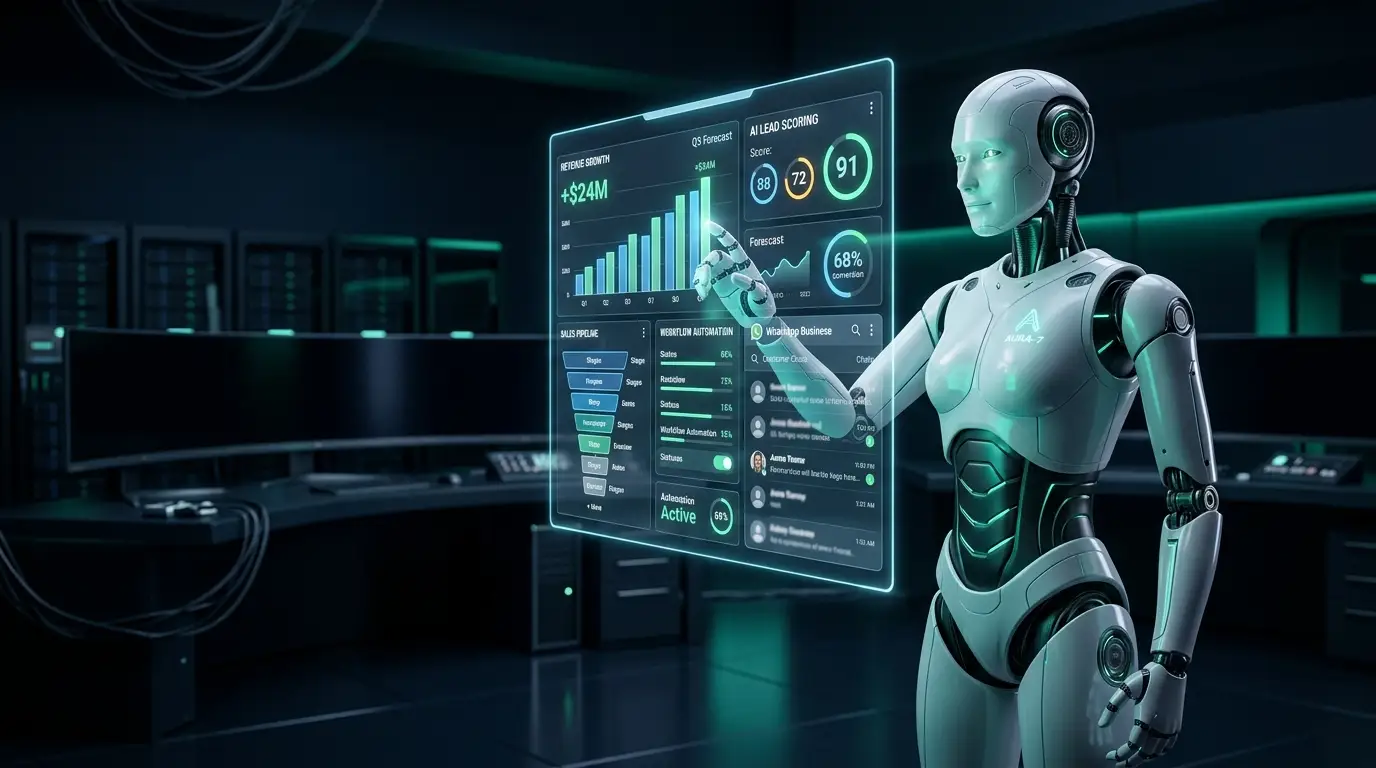 Autonomous AI Humanoid Robot orchestrating enterprise CRM revenue operations